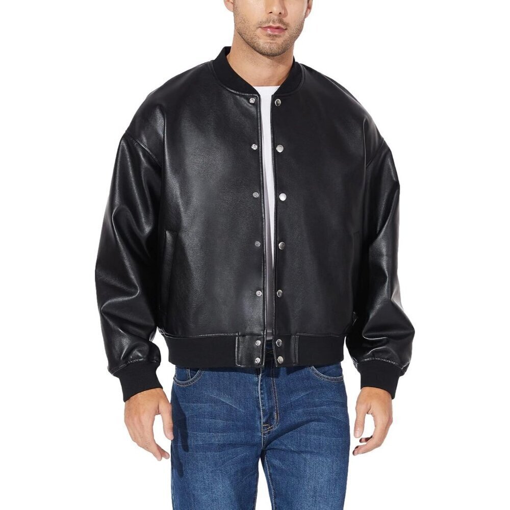 🆕Men All Black Faux Leather Biker Jacket Slim Fit Motorcycle Bomber Zip Up Coat